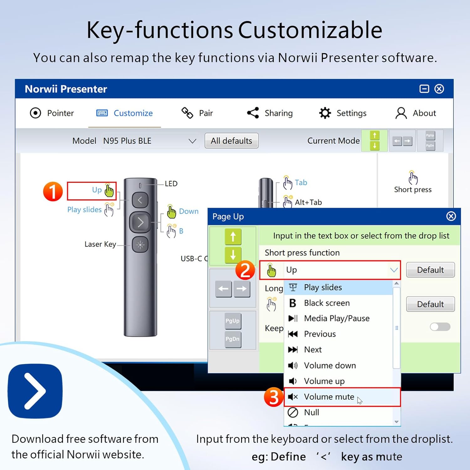 Detalle de Norwii N95 Presentation Clicker with USB-A&C Receiver: Practical wireless presenter for larger rooms