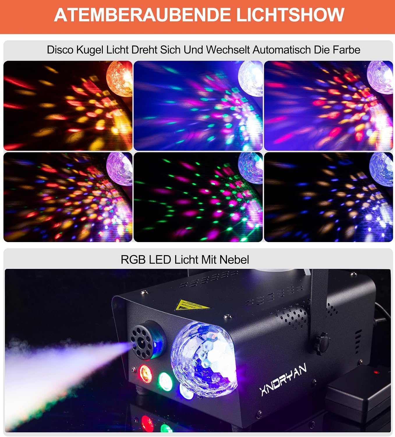 Detalle de Nebelmaschine Xndryan 600W Mini Nebelmaschine mit Partylicht – Profi-Option für Partys, Hochzeiten und Events