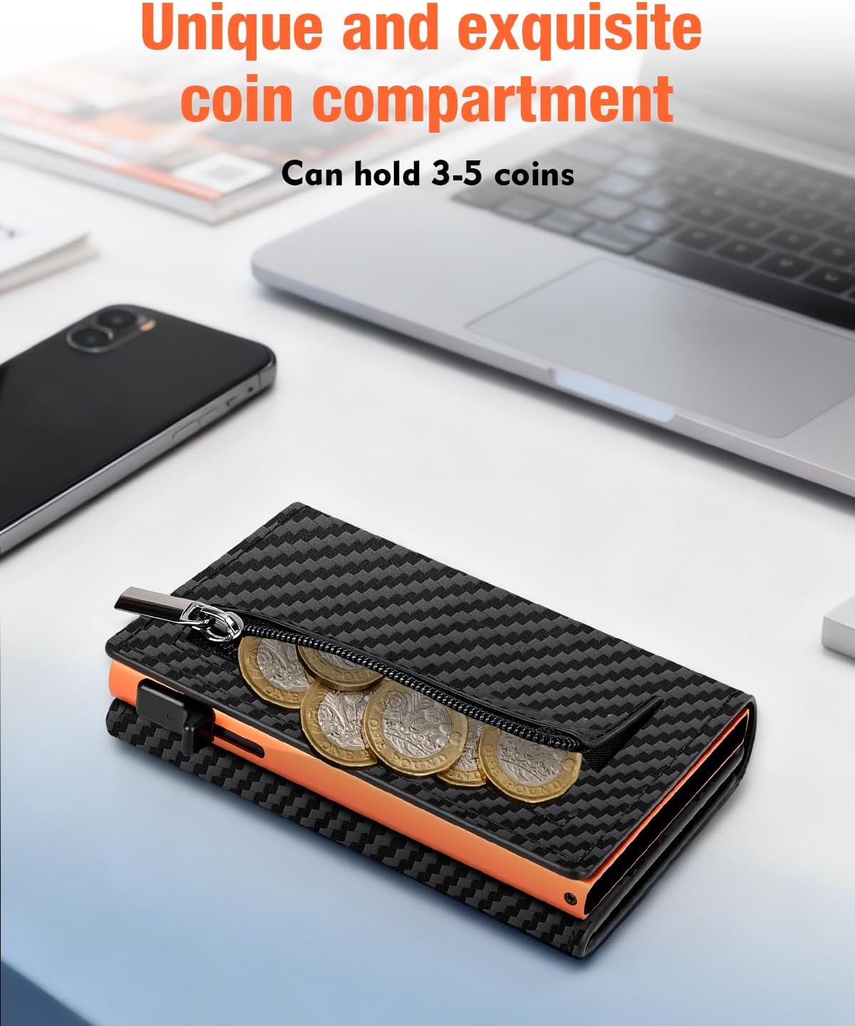 Detalle de Mens Wallets Credit Card Holder with Magnetic Closure, Coin Pocket & RFID Protection (Black & Orange)