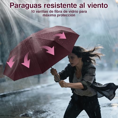 Detalle de ZOMAKE paraguas plegable antiviento pequeño con apertura y cierre automático (rojo oscuro)