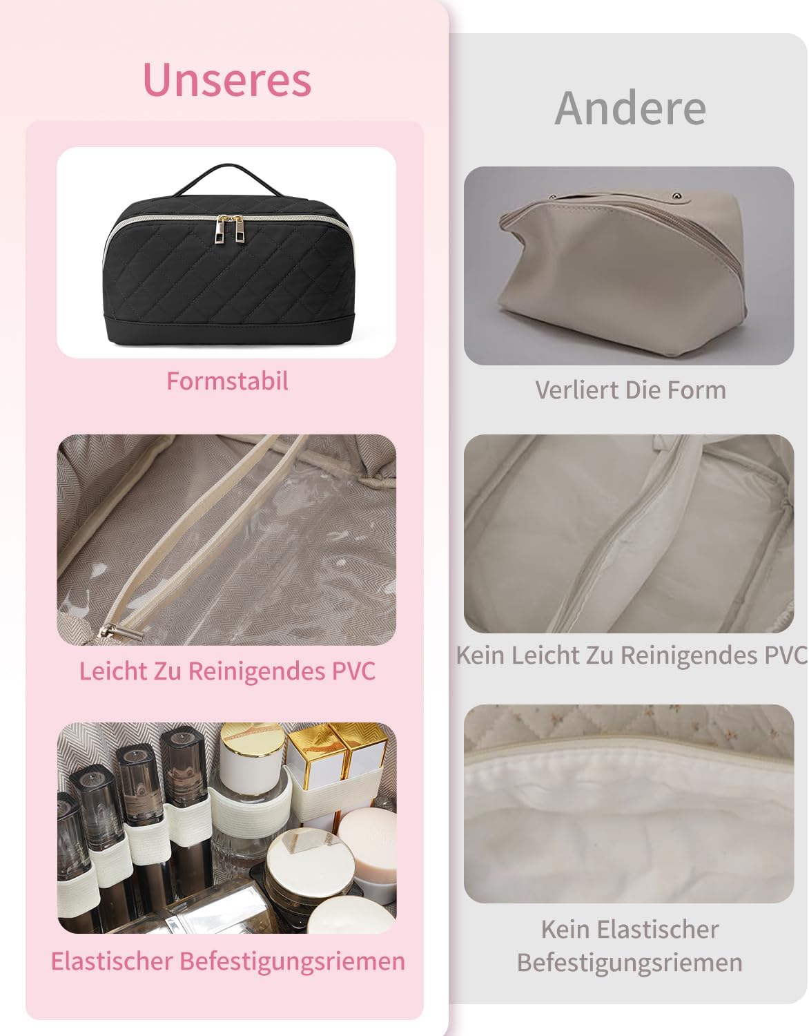 Thumbnail 6 de Wandering Nature Kosmetiktasche Damen Reise Make Up Tasche mit Bürstenfach – Großes Fassungsvermögen, wasserdicht, Trenneinlage, Griff, Schwarz