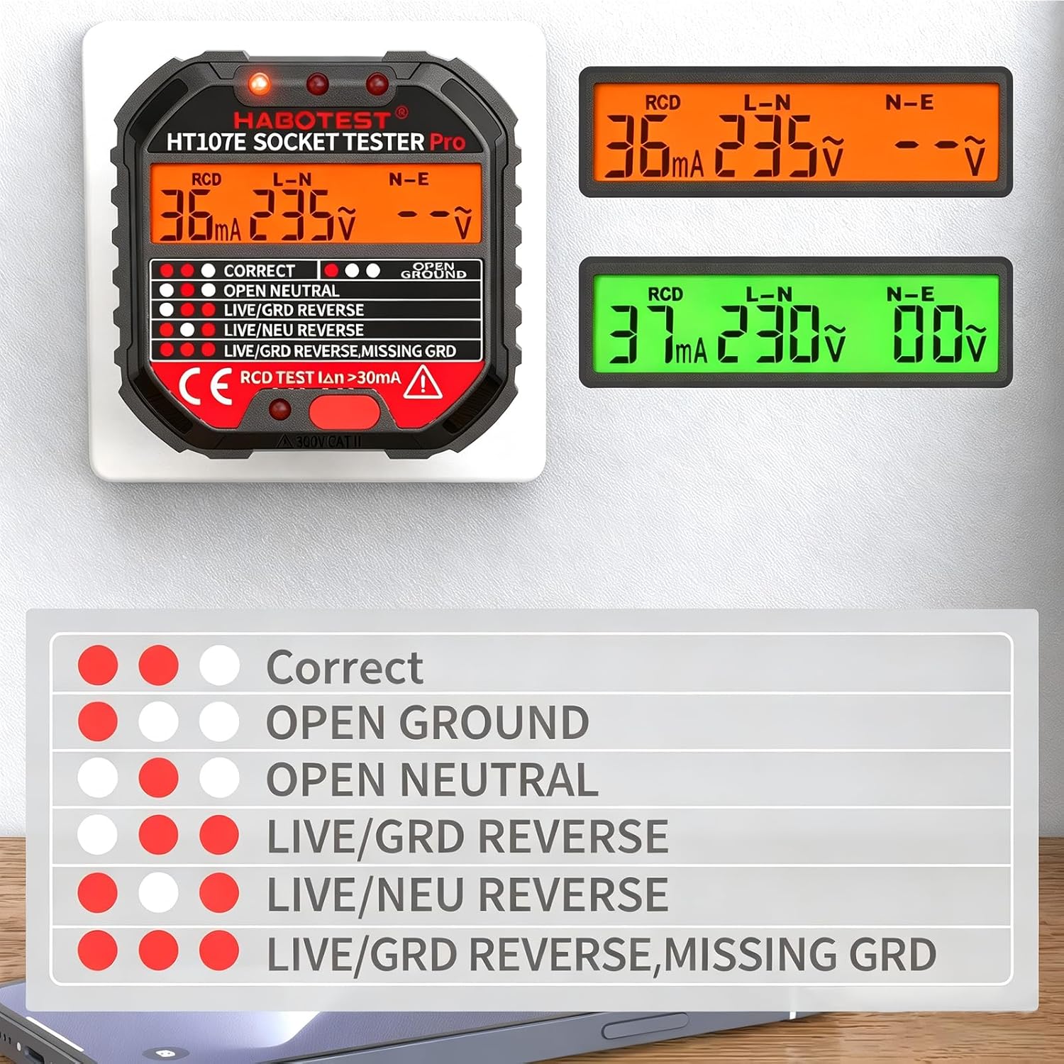 Detalle 2 de YOJOCK Socket Tester RCD Plug Outlet Tester with LCD Display (Electrical Receptacle Detector)