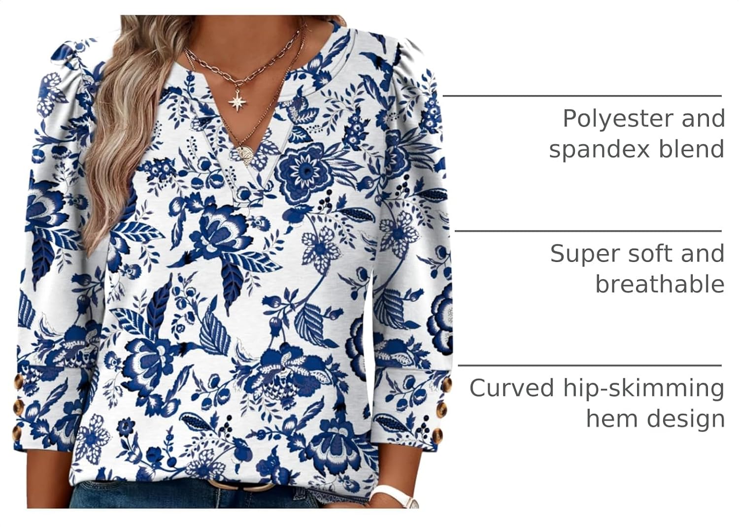 Thumbnail 3 de WIHOLL 3/4 Sleeve Button-Cuff V-Neck Blouse: Dressy Casual Summer to Early Fall Top