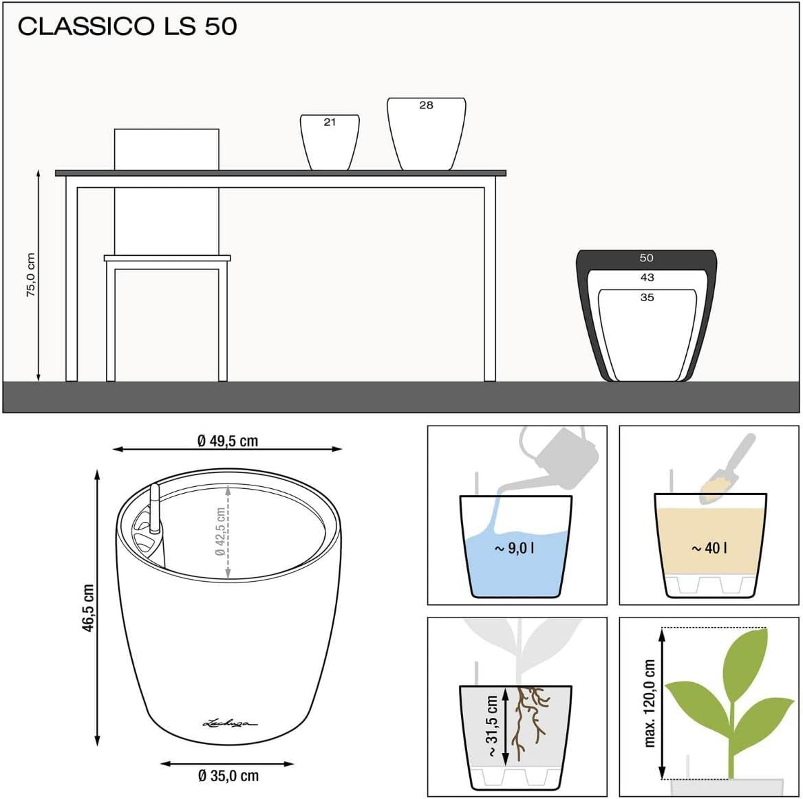 Thumbnail 6 de LECHUZA CLASSICO Premium LS 50 rosso scarlatto lucido 16107 – vaso autopulente con sistema di irrigazione integrato