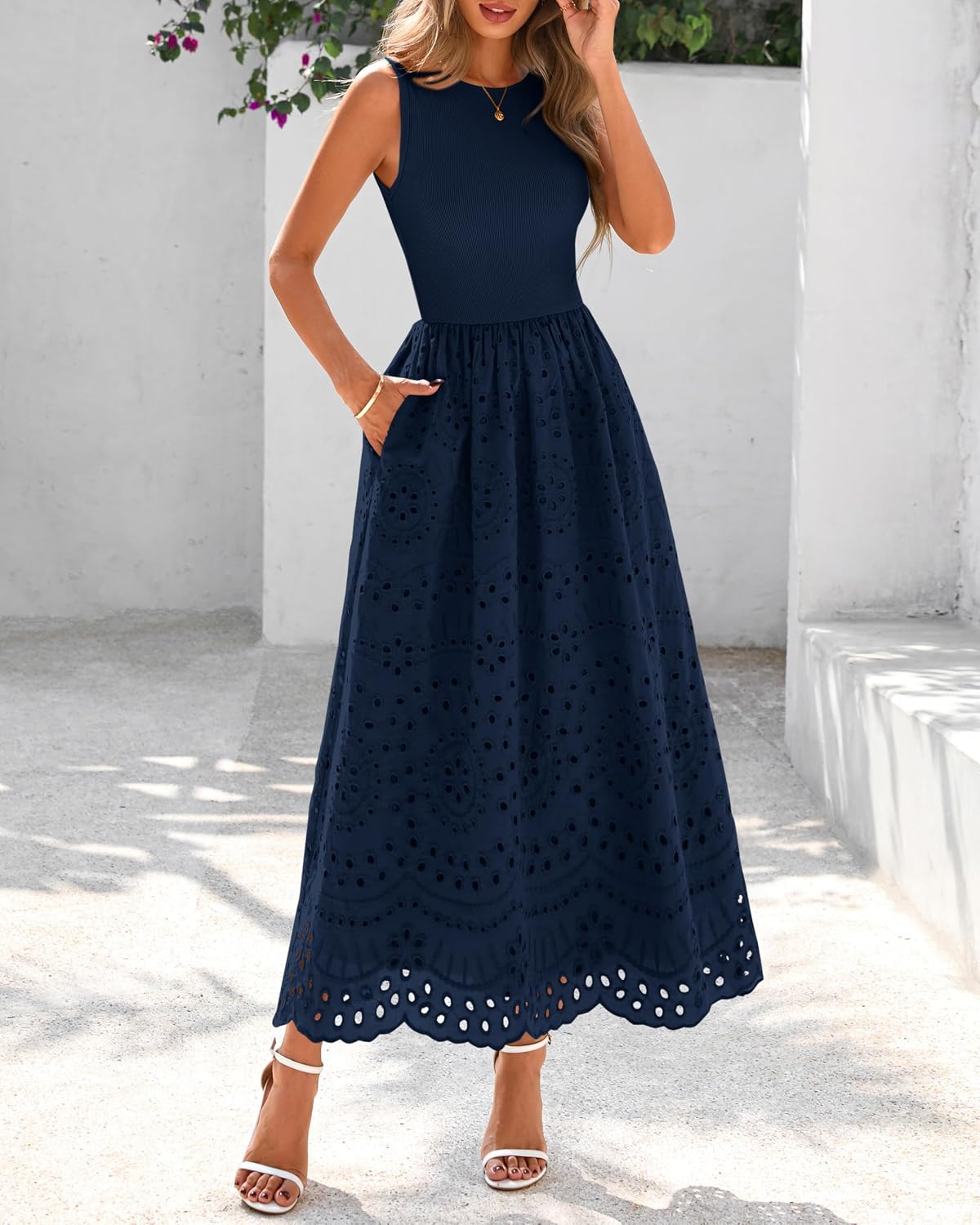 Detalle de Dowerme Women Summer Dress 2026 Maxi Boho Lace Eyelet Cotton with Pockets