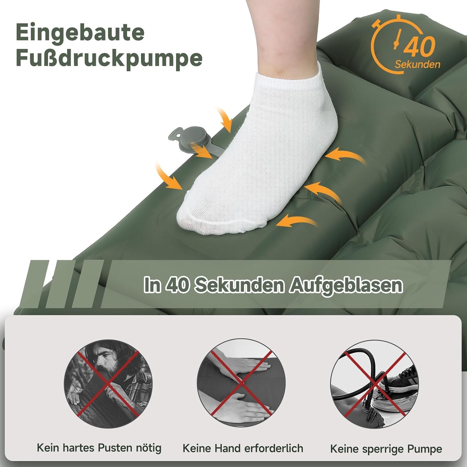 Detalle de HAUSPROFI Isomatte Camping: ultraleichte Luftmatratze mit Fußpumpe & Kissen