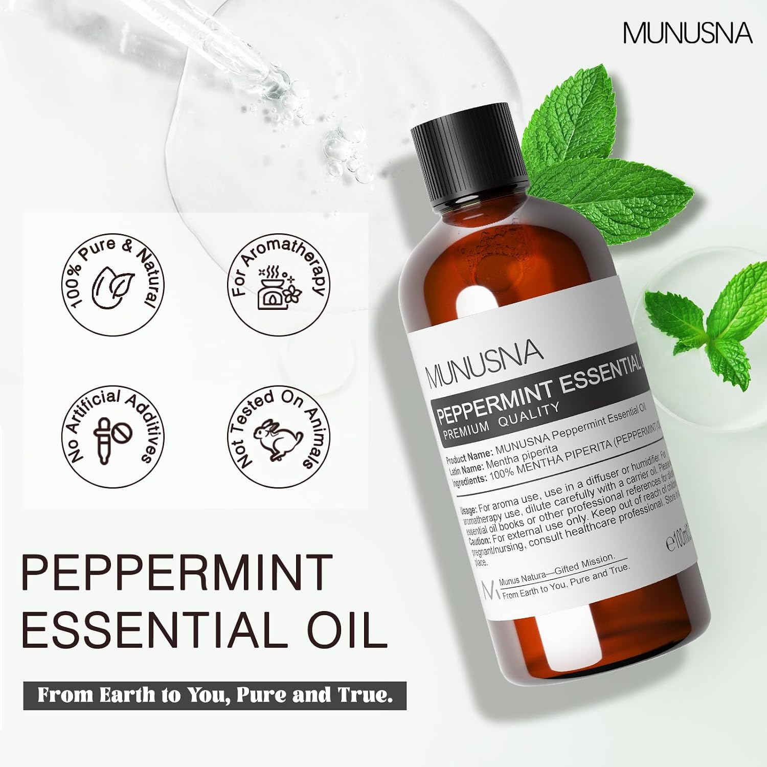 Detalle 2 de MUNUSNA Peppermint Essential Oil: 100% Pure & Natural, 100ML – Premium Aromatherapy for Skin, Hair, Diffuser, and DIY Crafts