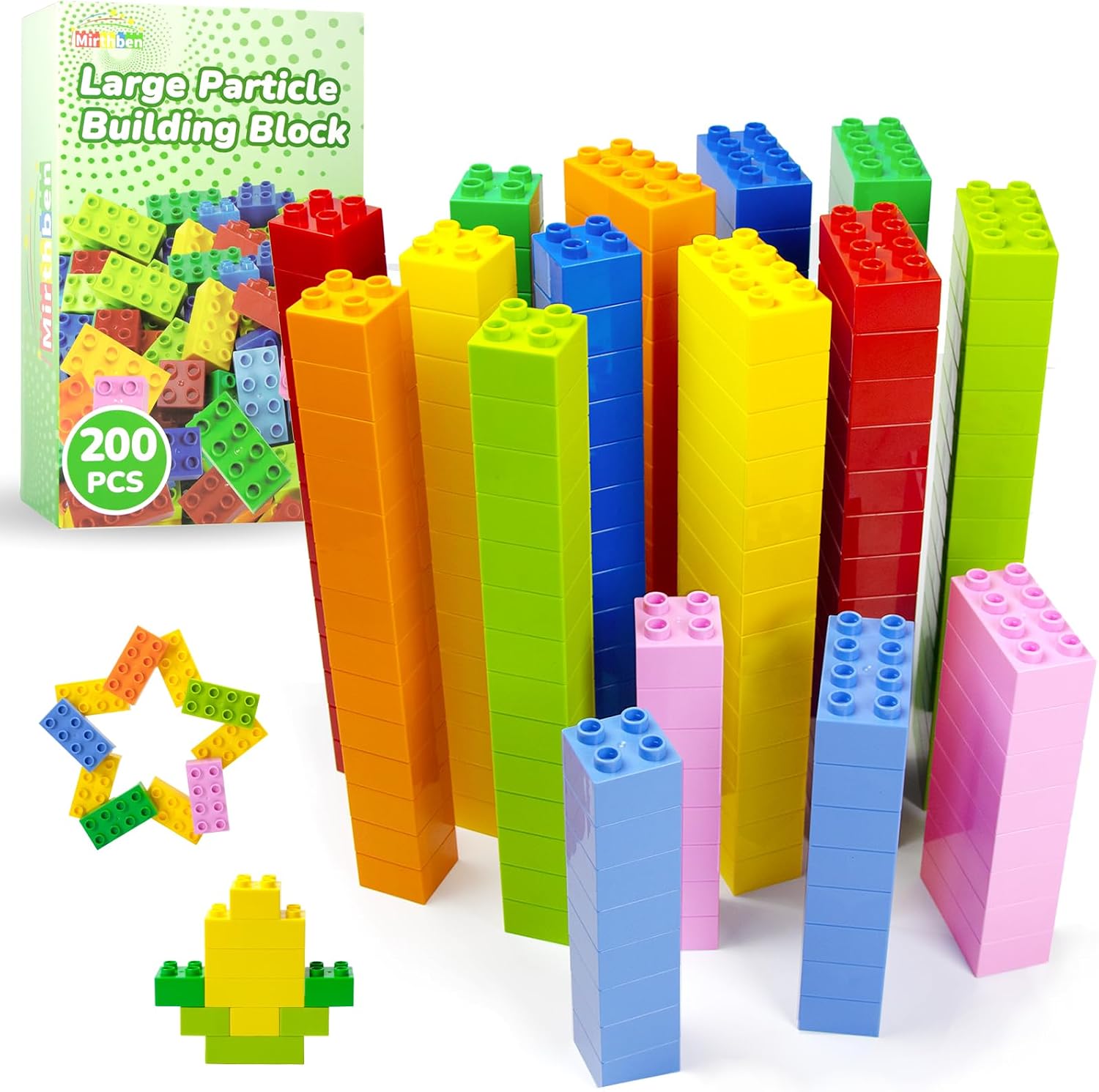 Detalle de Mirthben Große Bausteine Set (200 Stück) mit 2 Formen und 8 Farben – kompatibel mit Duplo & führenden Marken