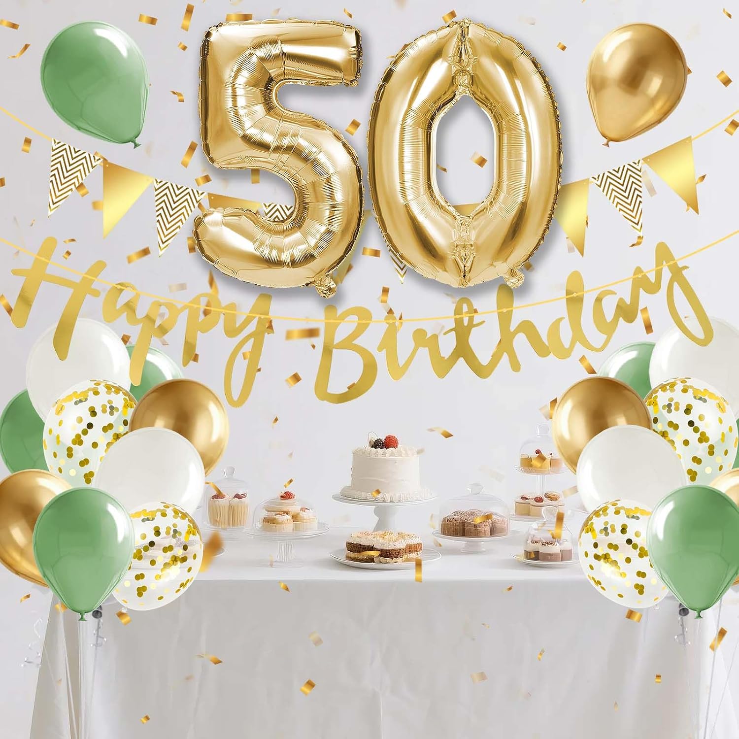 Thumbnail 6 de Alaoo 40-årsballonger i grönt och guld med banner och tårtdekorationer