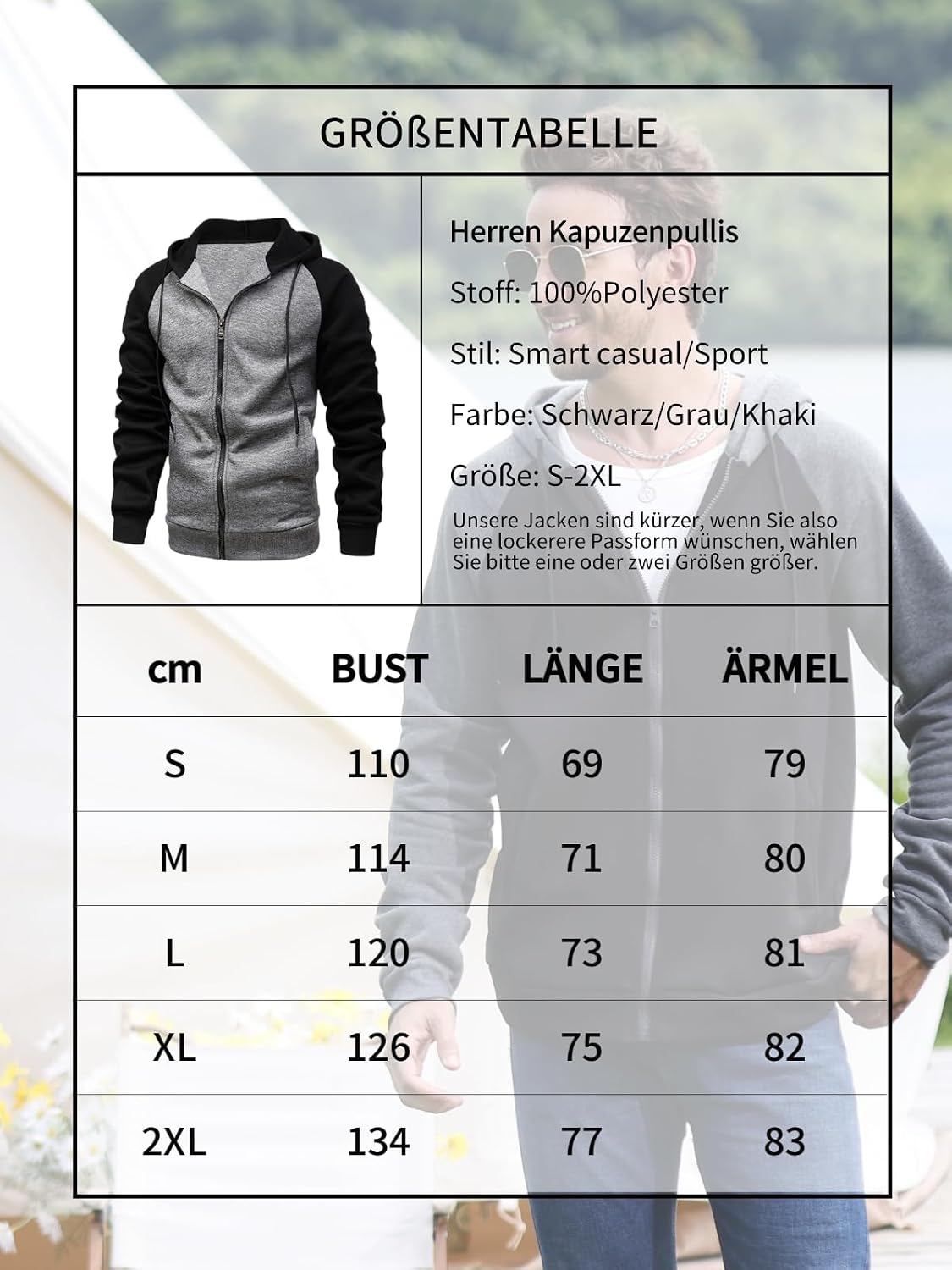 Detalle 1 de YawYews huvtröja för män med dragkedja, tunn fleece och sidofickor