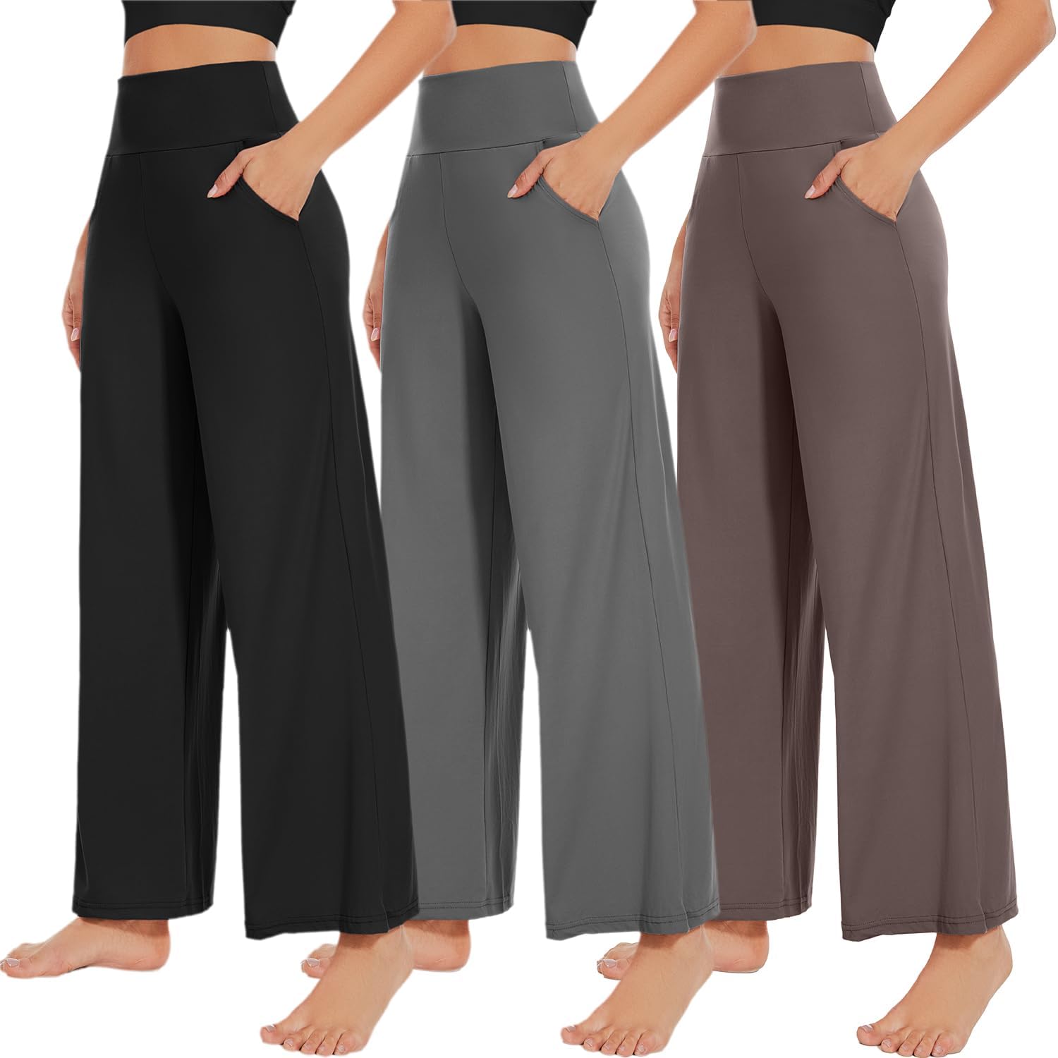 Detalle de NEW YOUNG 3-Pack Wide-Leg Yoga Pants with Pockets, High Waist and 4-Way Stretch