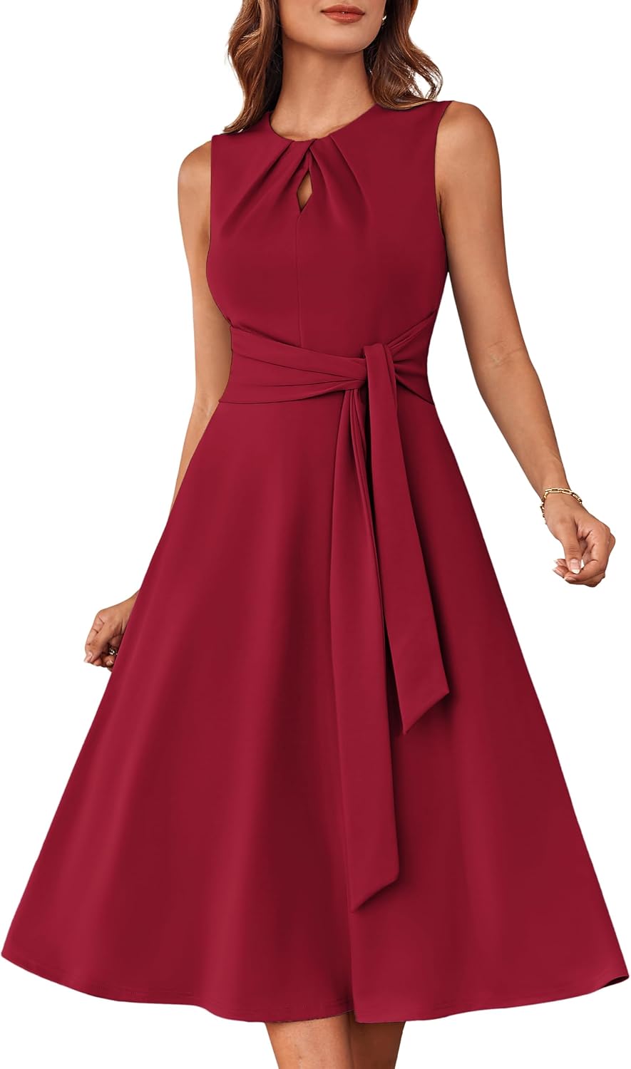 Detalle de Grace Karin Damen A-Linien-Midikleid – Ärmelloses Rundhalskleid mit Gürtelband