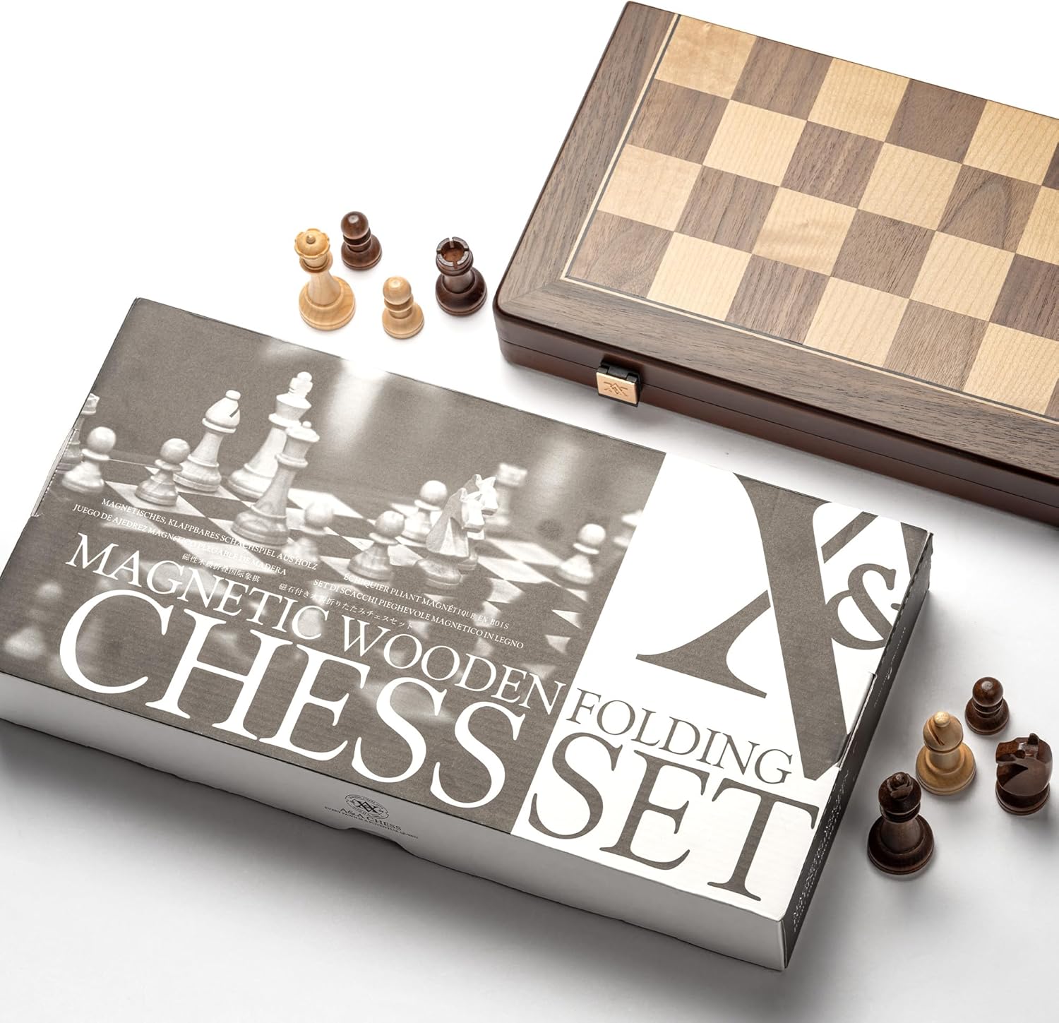 Thumbnail 3 de Ensemble d’échecs A&A en bois magnétique pliable (38 cm) – pièces Staunton