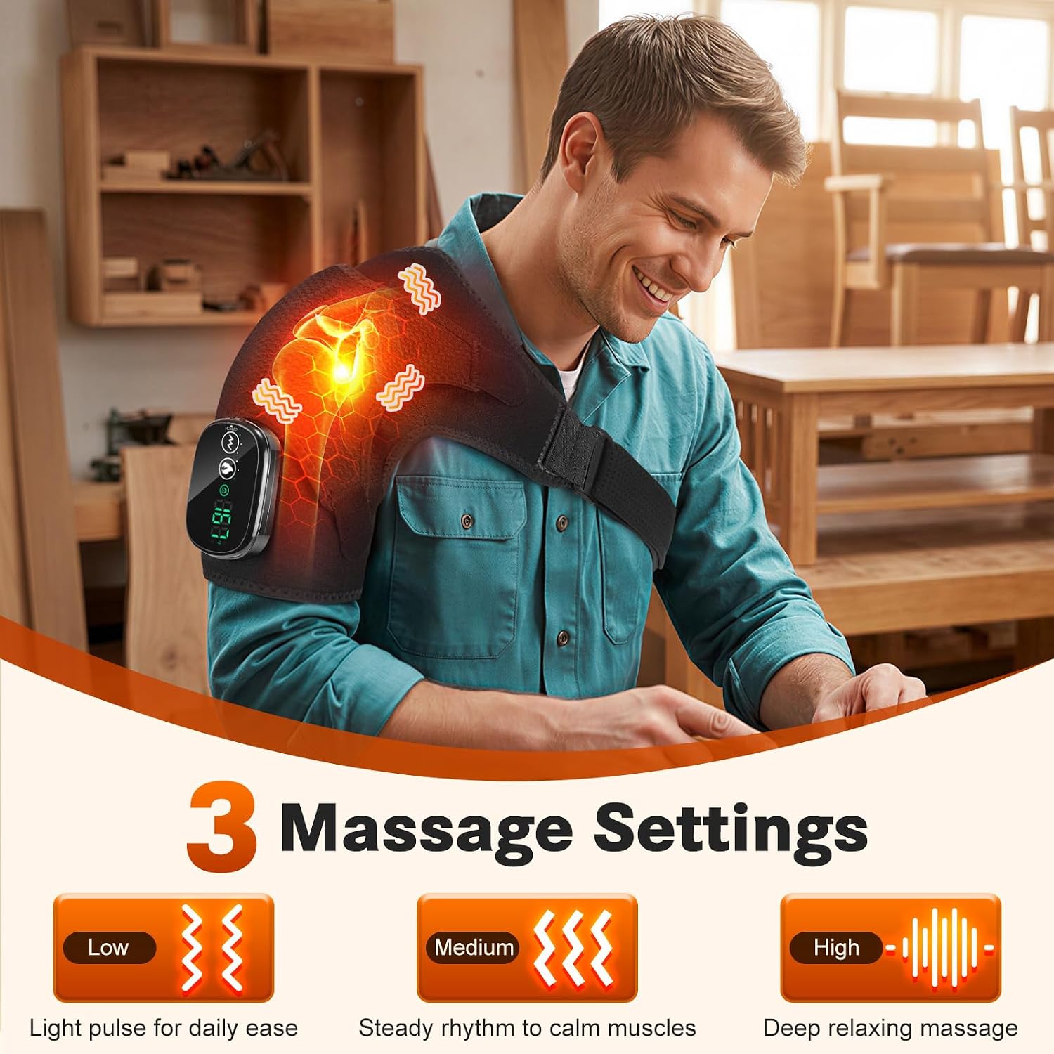 Detalle de Cordless Shoulder Heating Pad with Massage, 5000mAh, 3 Heat and Vibration Modes