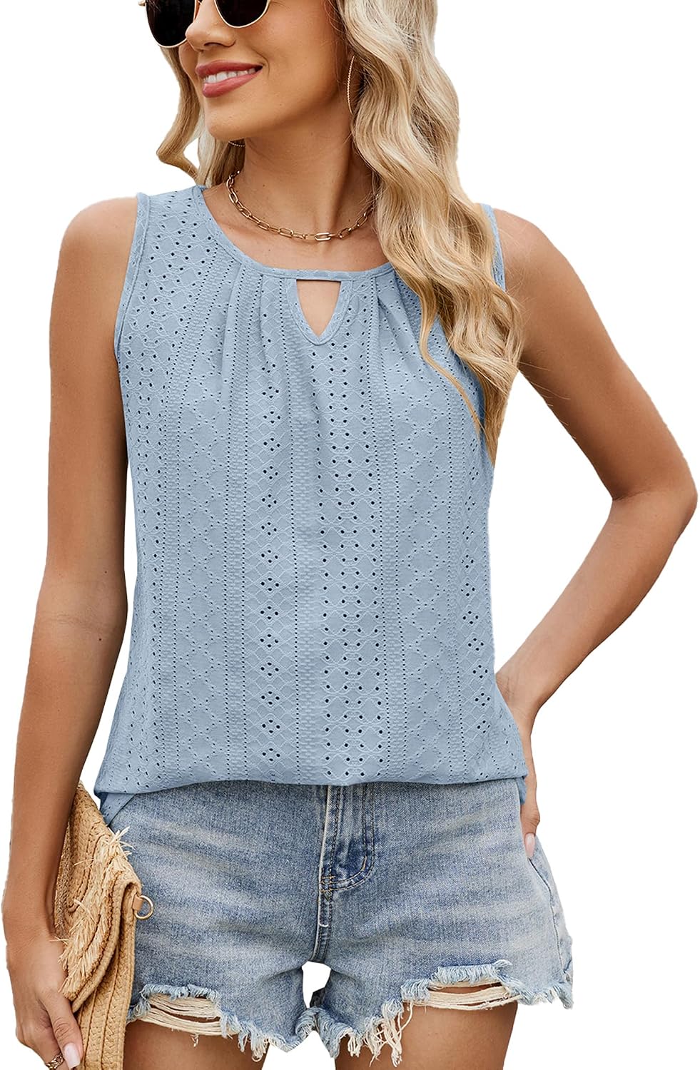 Detalle de iChunhua Women's Vests Keyhole Neck Eyelet Embroidery Pleated Sleeveless Summer Top