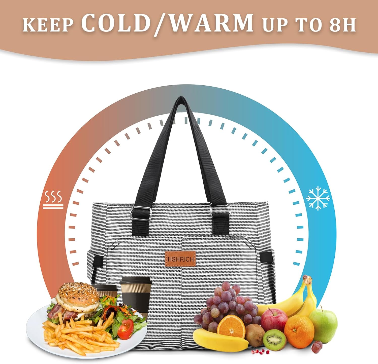 Thumbnail 3 de HSHRICH Large Insulated Women’s Lunch Bag (12L) – Leakproof Cooler Tote with Storage Pocket, Stripe