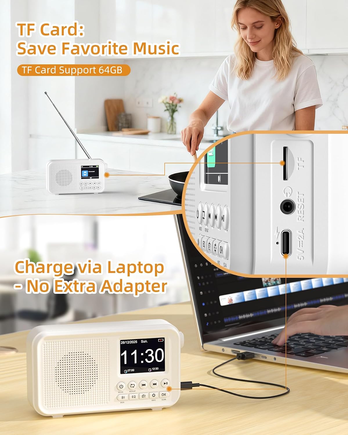 Detalle de Radio Portatile DAB/FM, Bluetooth, 3000 mAh, TF fino a 64 GB, Type-C, 8 W - doppia sveglia