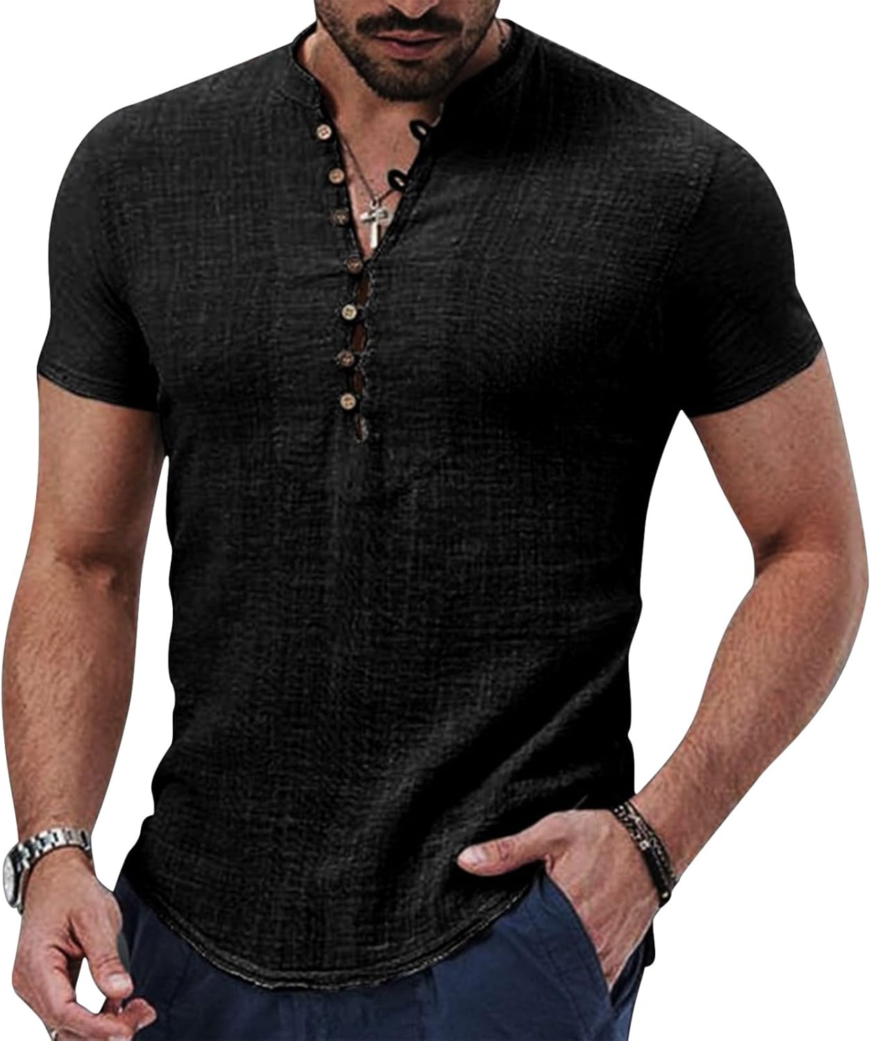 Thumbnail 6 de Puimentiua Leinenhemd Herren – Kurzarm, Regular Fit, Stehkragen und Knöpfe (S–3XL)