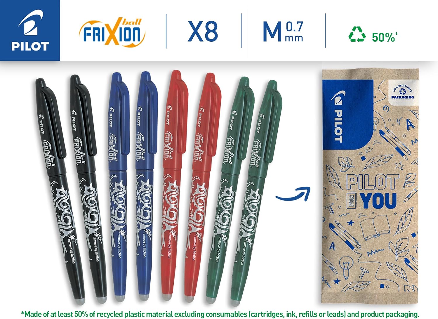 Thumbnail 1 de PILOT FriXion Ball 07 – Lot de 8 stylos effaçables à encre thermosensible (2 Bleus, 2 Rouges, 2 Verts, 2 Noirs) – Pointe moyenne