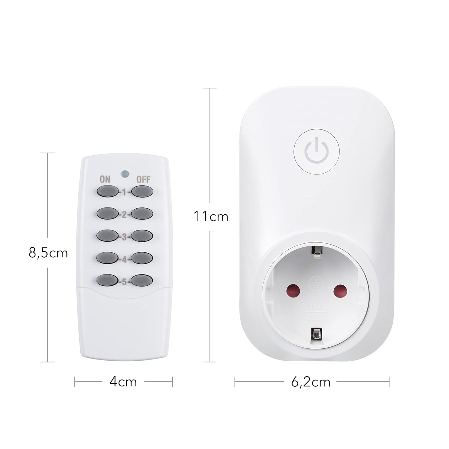 Detalle de HBN Funksteckdosen-Set (5x Steckdosen) mit 2 Fernbedienungen – 3680 W, 230 V, Reichweite bis 30 m, Weiß