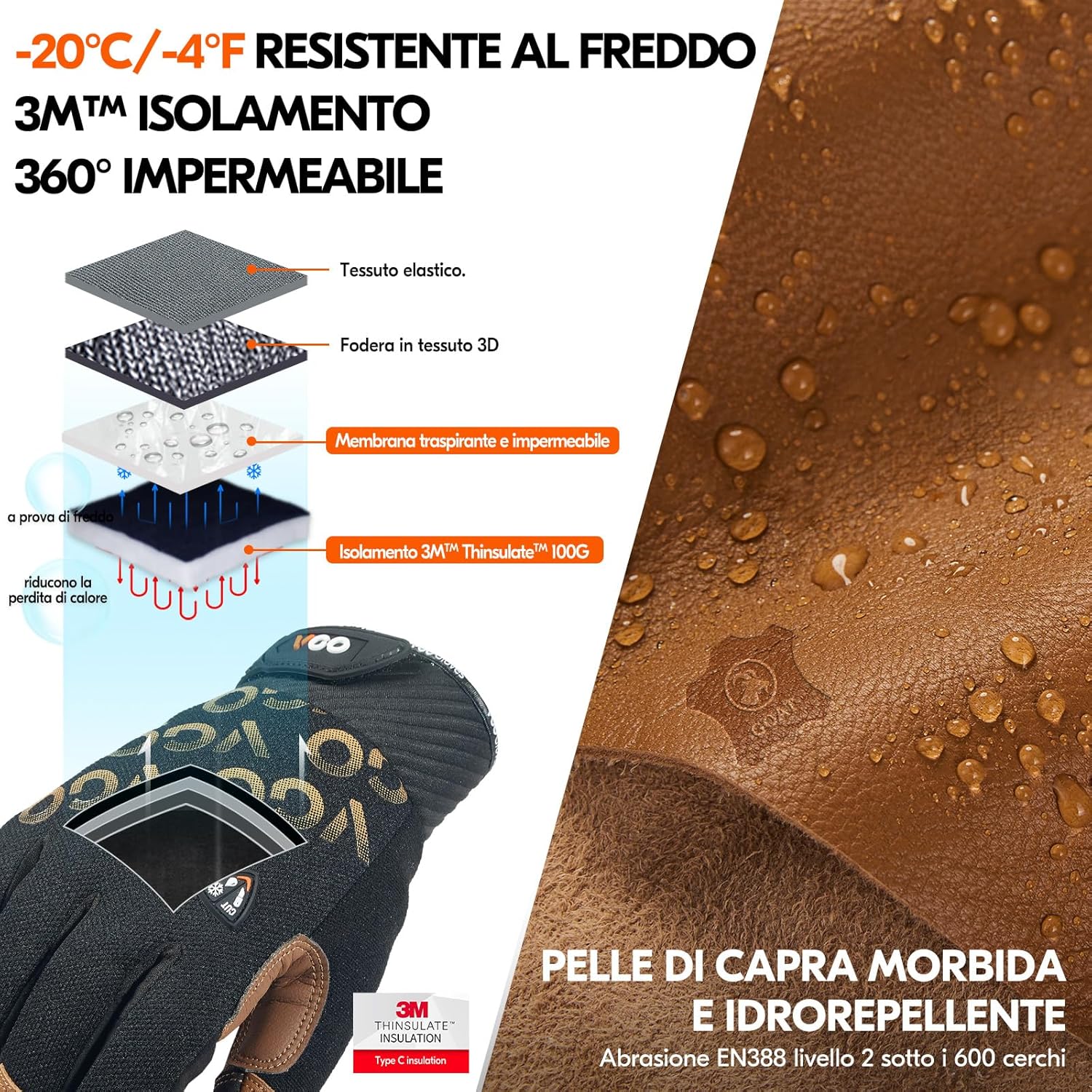 Thumbnail 1 de Vgo... Guanti da lavoro invernali impermeabili touchscreen in pelle caprina (1 paio)