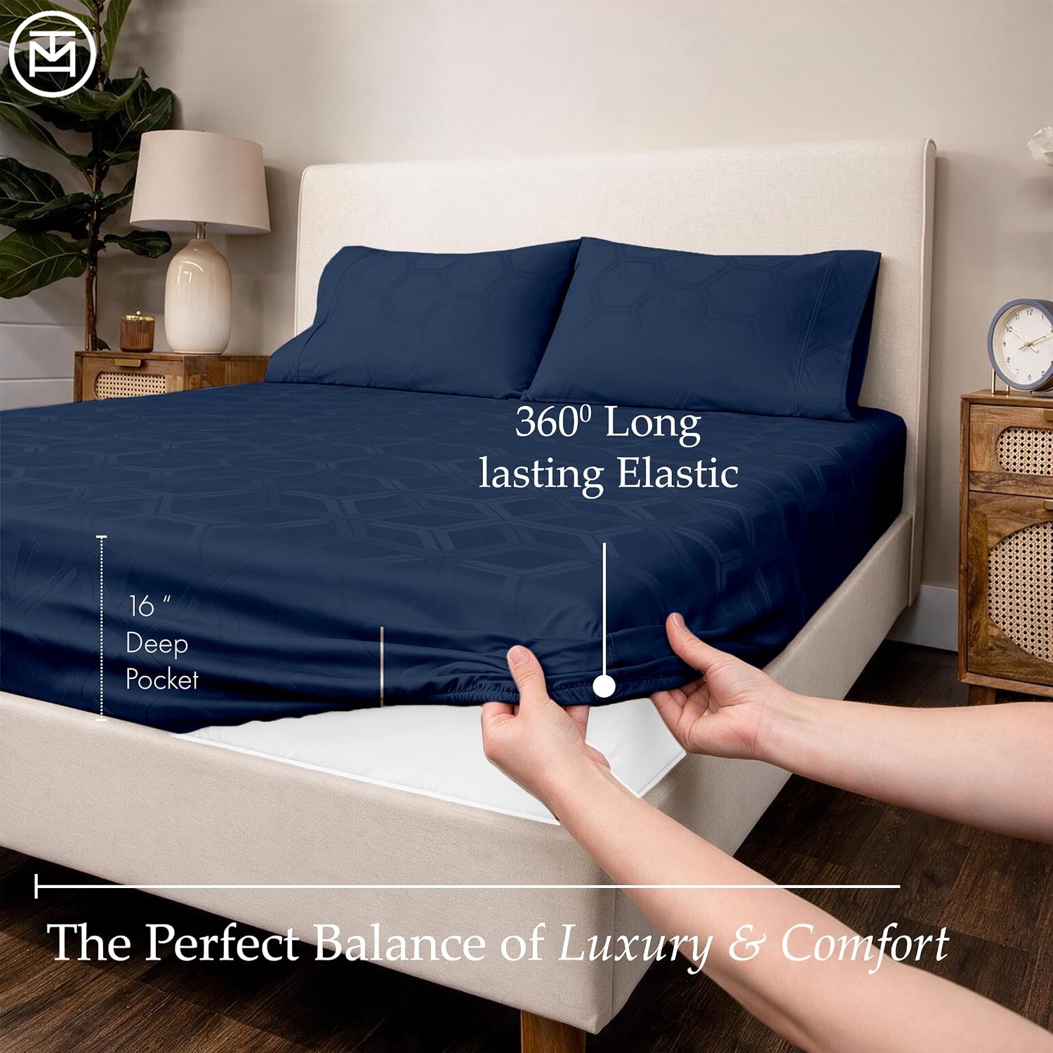 Thumbnail 2 de Threadmill 100% Cotton Sheets for Queen Size Bed — 600 Thread Count Jacquard Sateen, Deep Pocket 16", Folkstone Blue