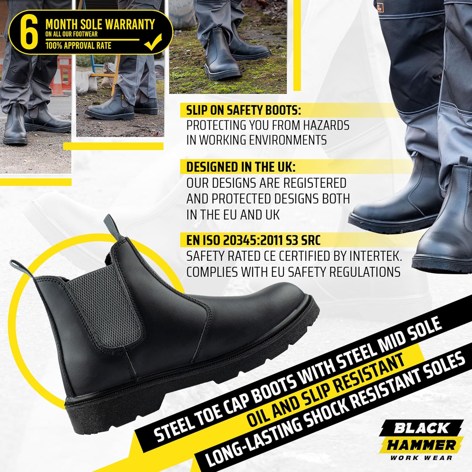 Detalle de Black Hammer Men’s Chelsea Safety Work Boots (Smooth Leather) Steel Toe Cap, S3 SRC