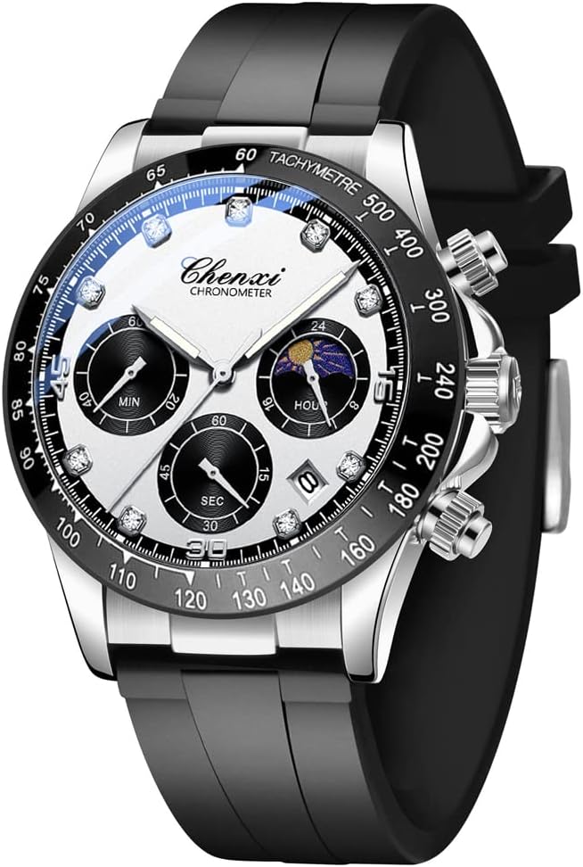 Detalle de Tiong Herren Business Chronograph – Edelstahl & Lederarmband mit Mondphase