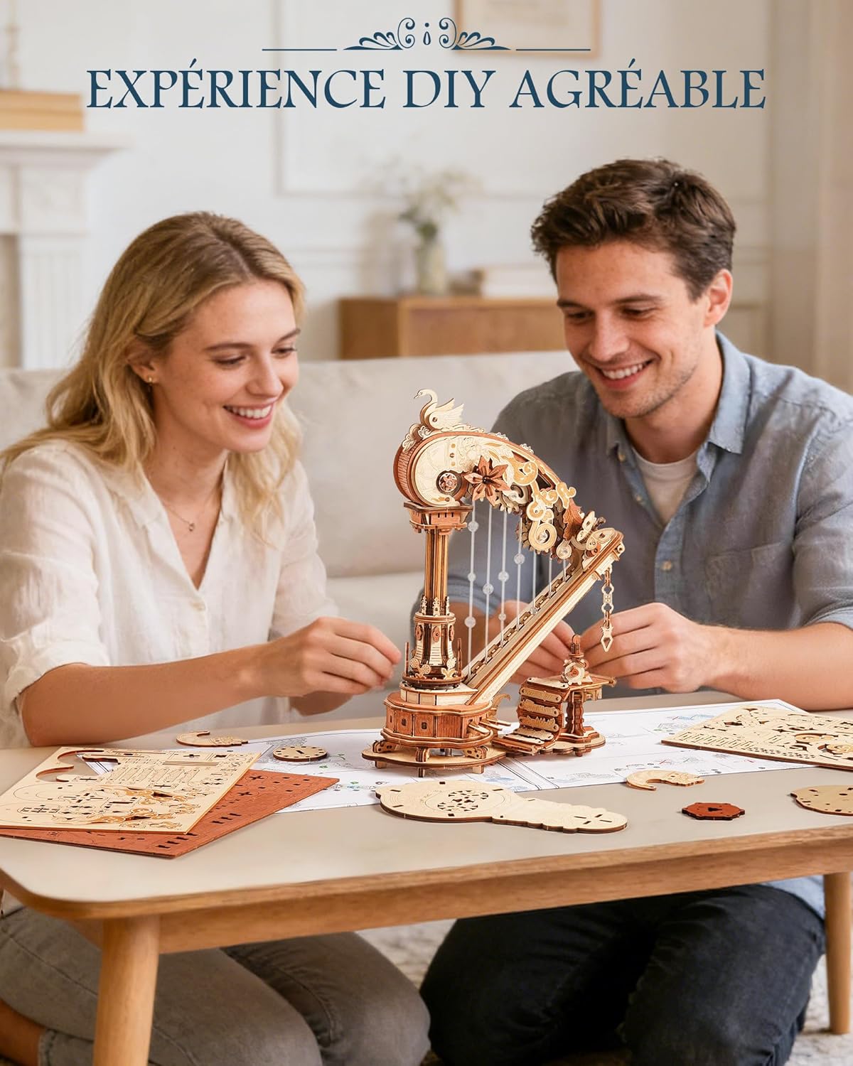 Detalle de ROKR Boîte à musique 3D en bois - Harpe magique : puzzle mécanique en bois pour adultes
