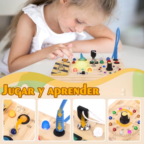 Detalle de Hoarosall Busy Board: Tablero de Actividades Montessori de Madera con 10 Interruptores y 23 LEDs