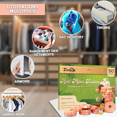 Detalle 2 de Zidina Anti Mites Textiles – Pack de 50 Anneaux pour Vêtements avec Mini Bouteille d'Huile de Bois de Cèdre (4,5 ml)