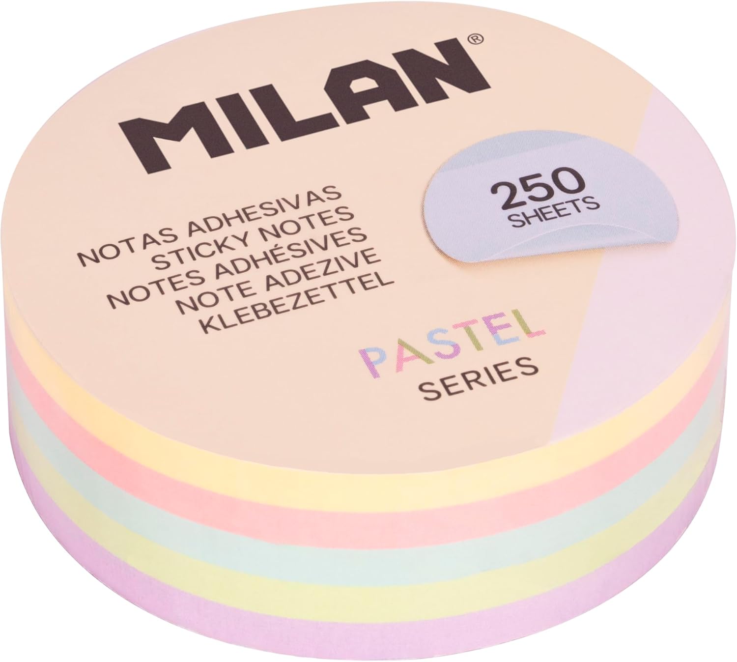 Detalle de MILAN Block runda självhäftande anteckningar, 250 ark i pastell, Ø 67 mm