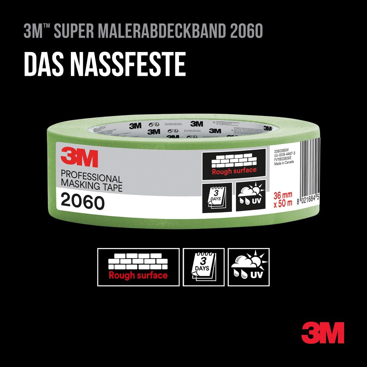 Thumbnail 2 de 3M Pro Malerabdeckband 2060 für grobe Oberflächen – 48 mm x 50 m, UV- und wasserbeständig, innen/außen