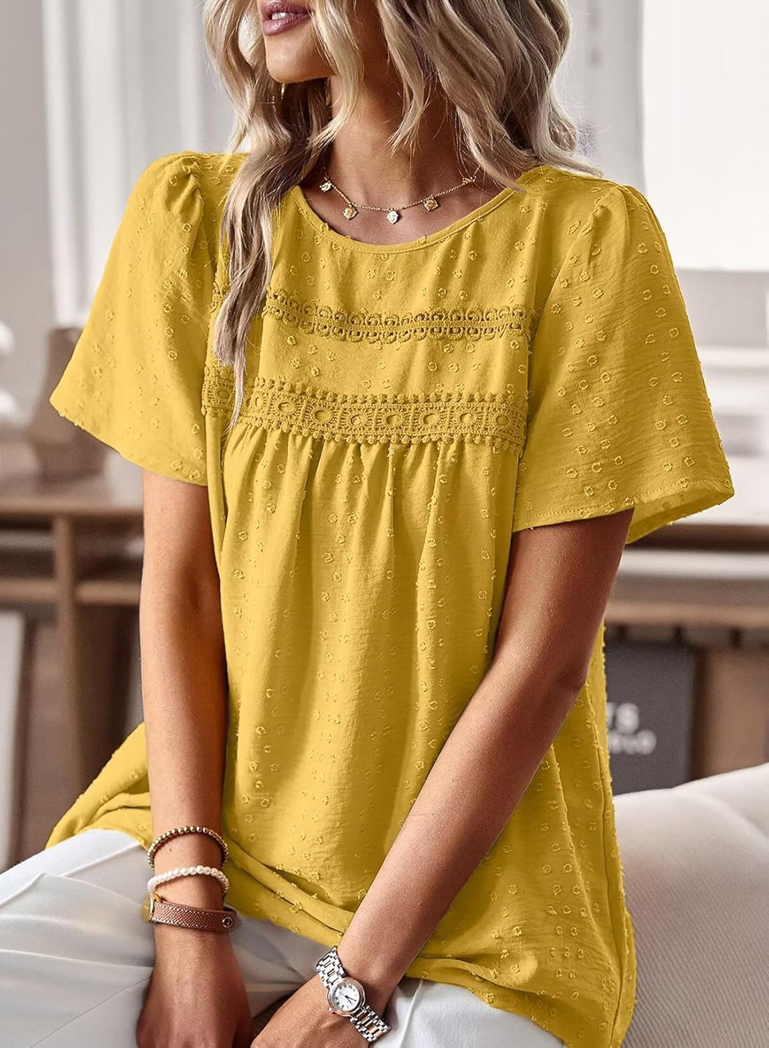 Thumbnail 1 de TUUHAW Femme Chemisier Boho – Blouse fluide à dentelle et manches courtes