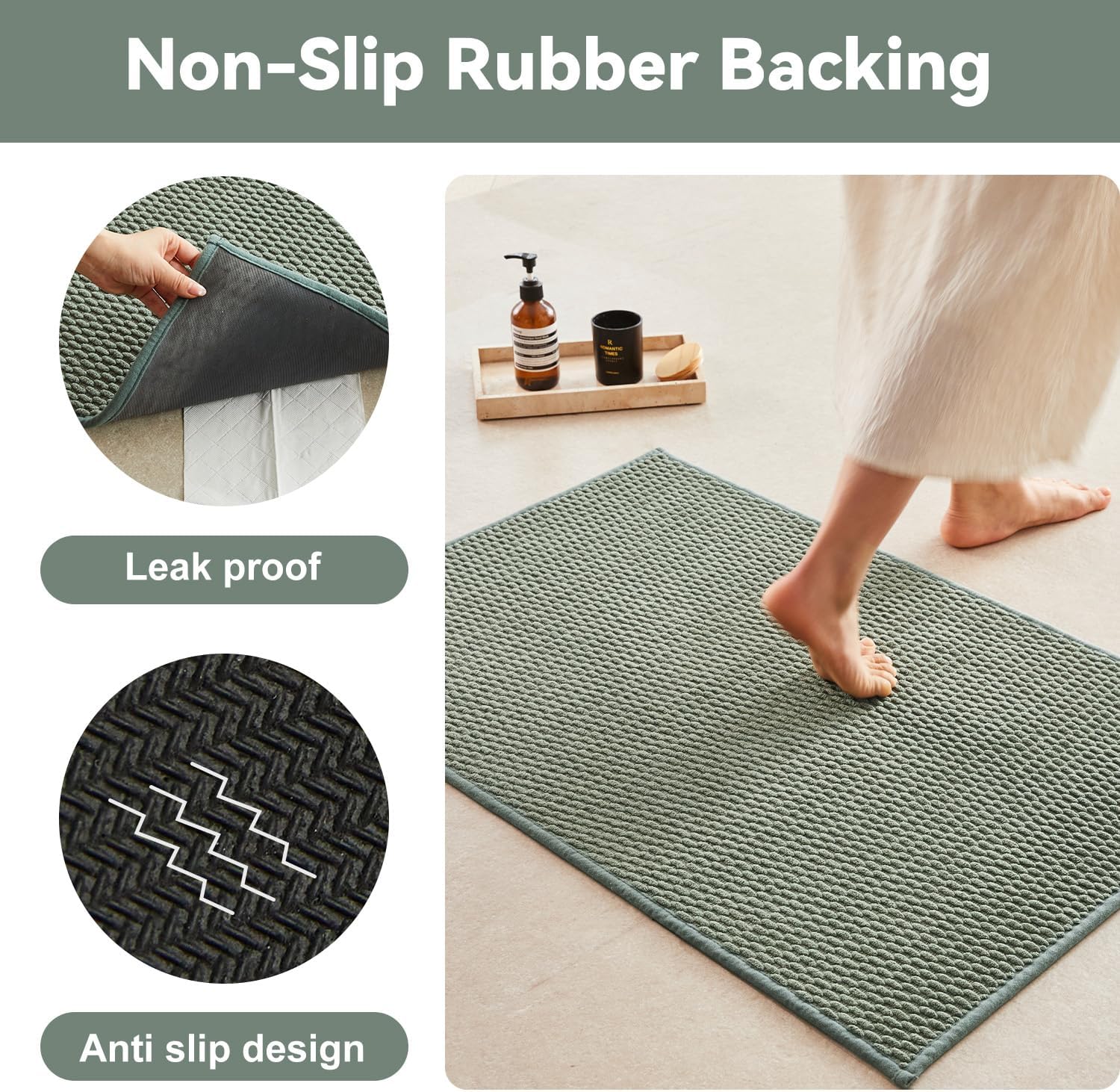Thumbnail 3 de Triohero 24 x 60 Bathroom Runner Rug, Sage Green, Washable Low-Pile Design
