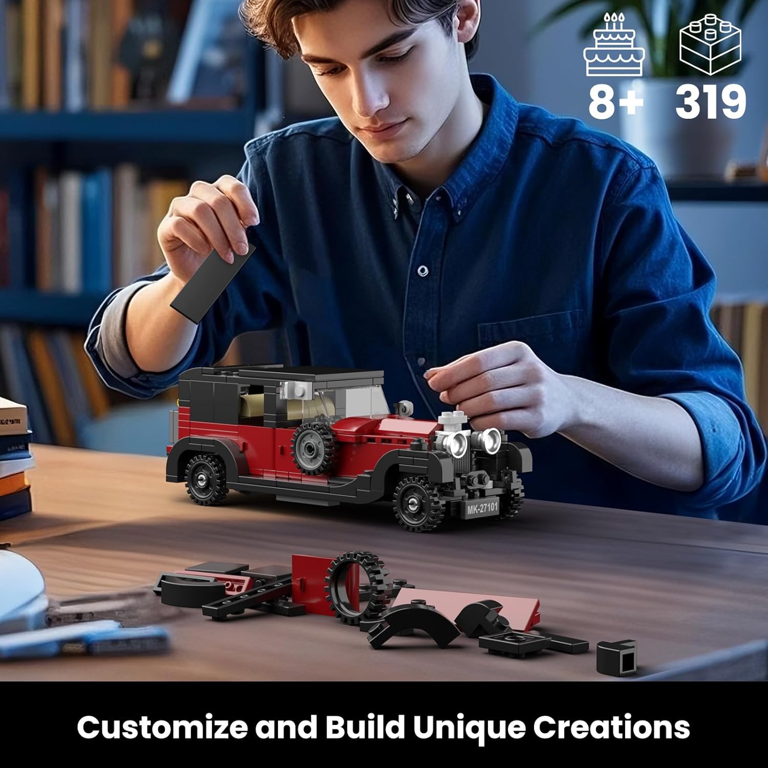 Thumbnail 4 de Mould King 27101 Technik Speed Champion Luxus Oldtimer – 319-teiliger Supersportwagen-Bausteinbausatz mit Acryl-Vitrine