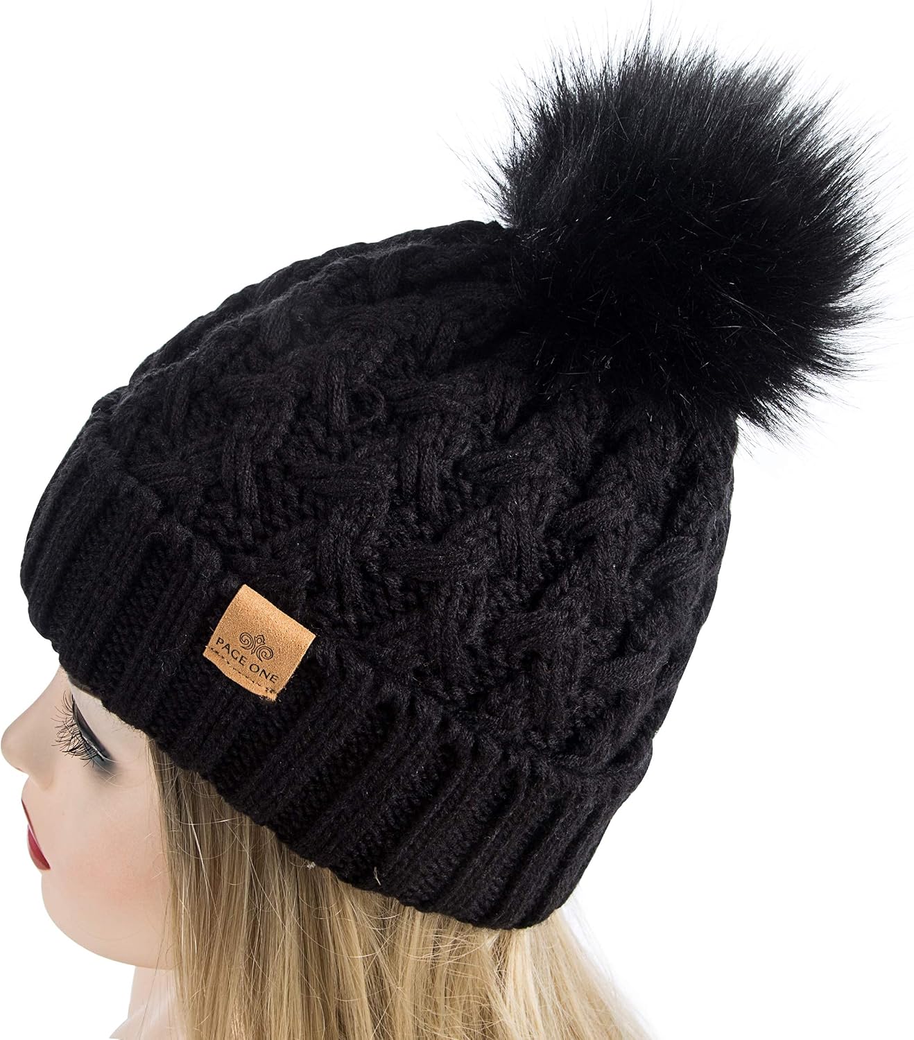 Detalle de PAGE ONE Womens Ribbed Cable Knit Beanie Pom Pom