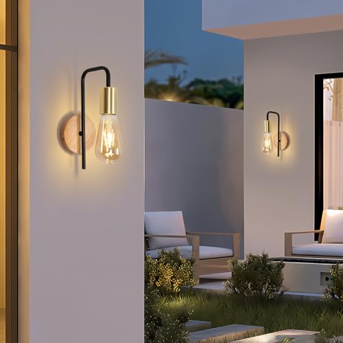 Detalle de Osairous Apliques de Pared 2 Packs: Lámpara Industrial Vintage con Base de Madera y Cuerpo en Acero para Interior