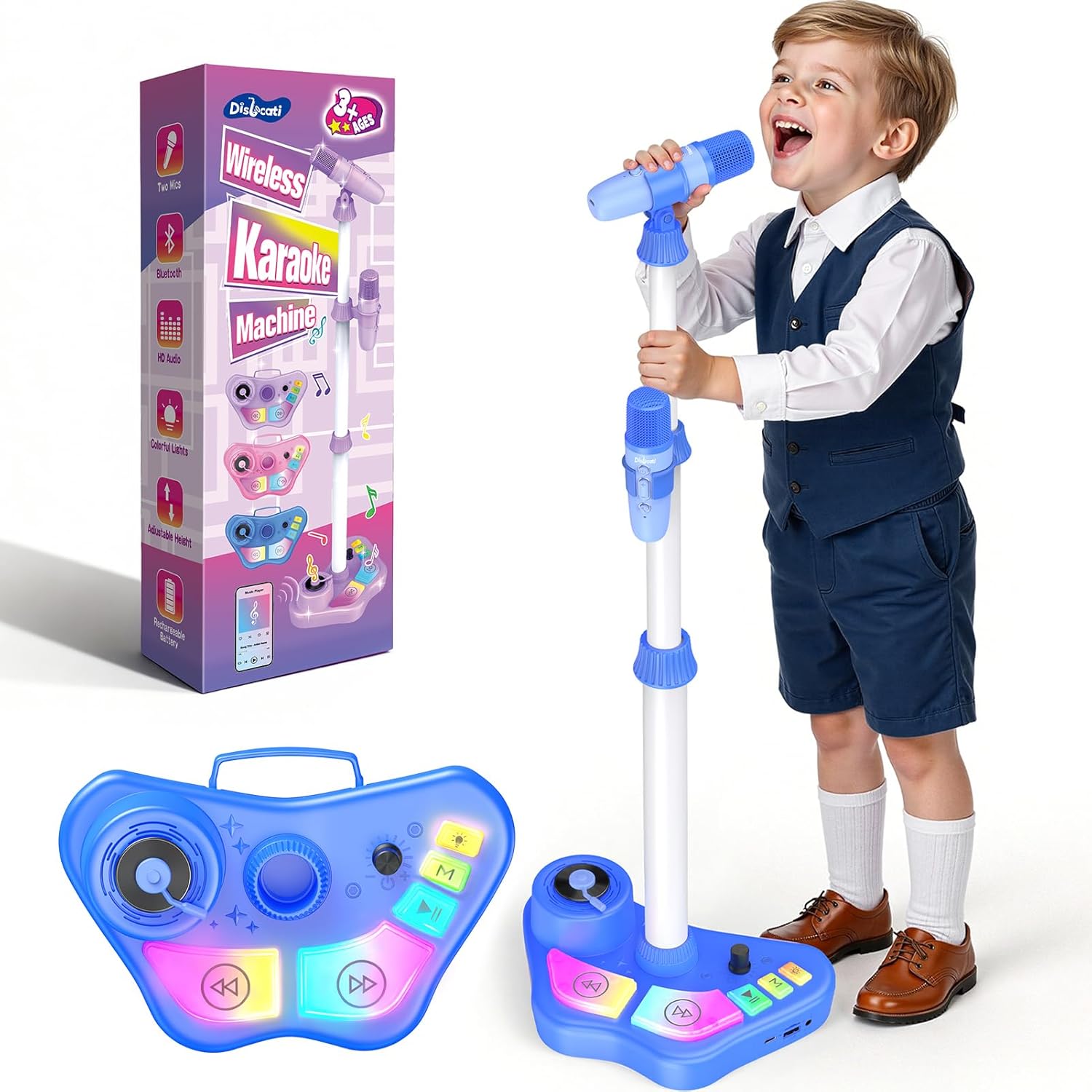 Karaoke Maschine mit zwei Mikrofonen für Kinder 3–12 Jahre – verstellbarer Mikrofonständer (47–108 cm) inkl. LED-Effekte