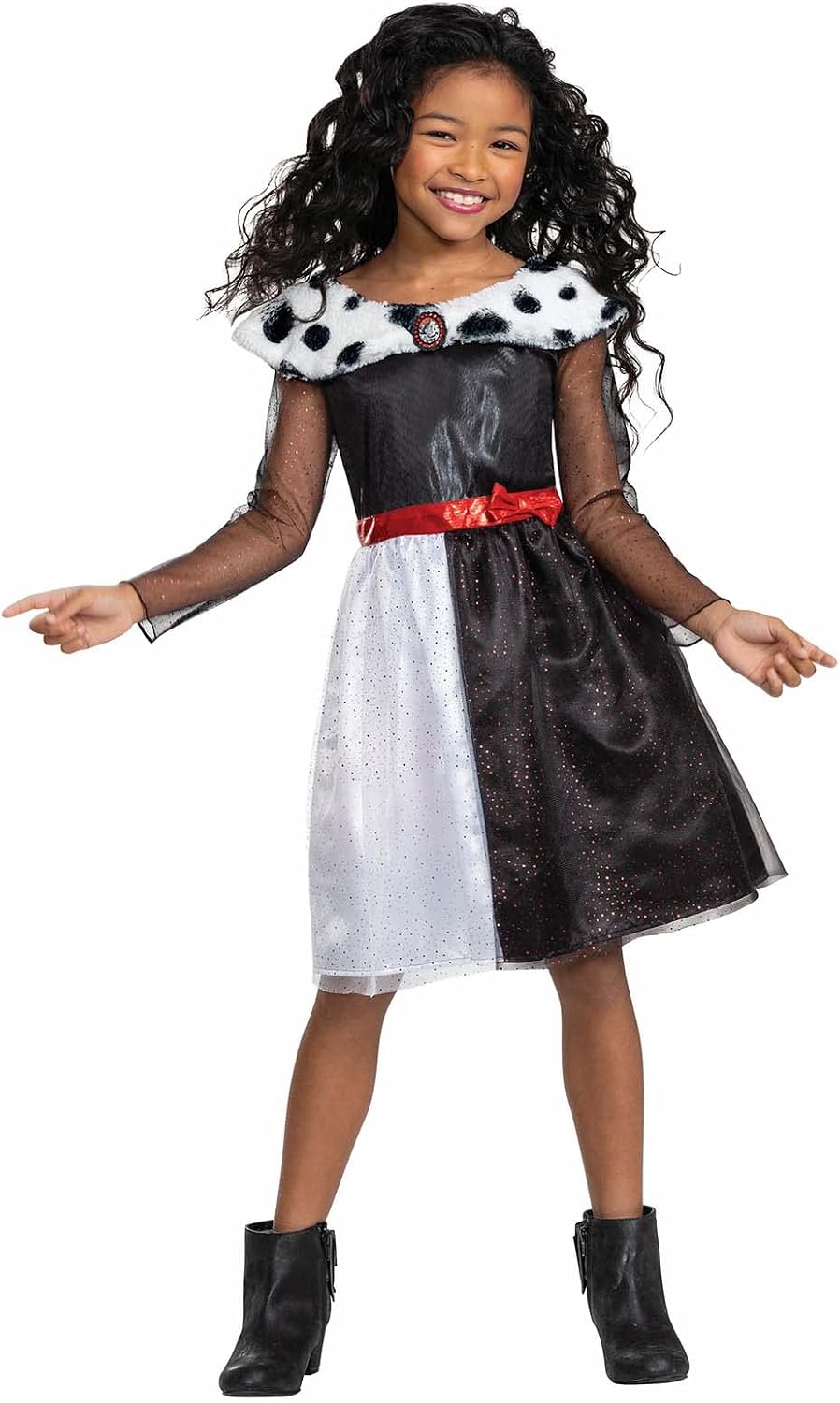 Detalle de Disguise Disney Cruella-kostuum voor kinderen met zwart-witte jurk en stippenkraag