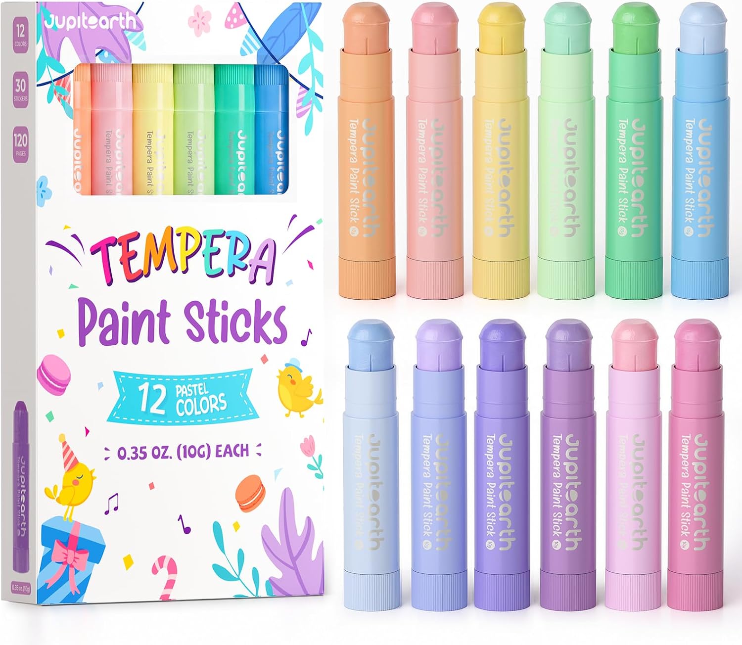 Detalle de JUPITEARTH Tempera Paint Sticks for Kids, 12 Pastel Colors, Washable
