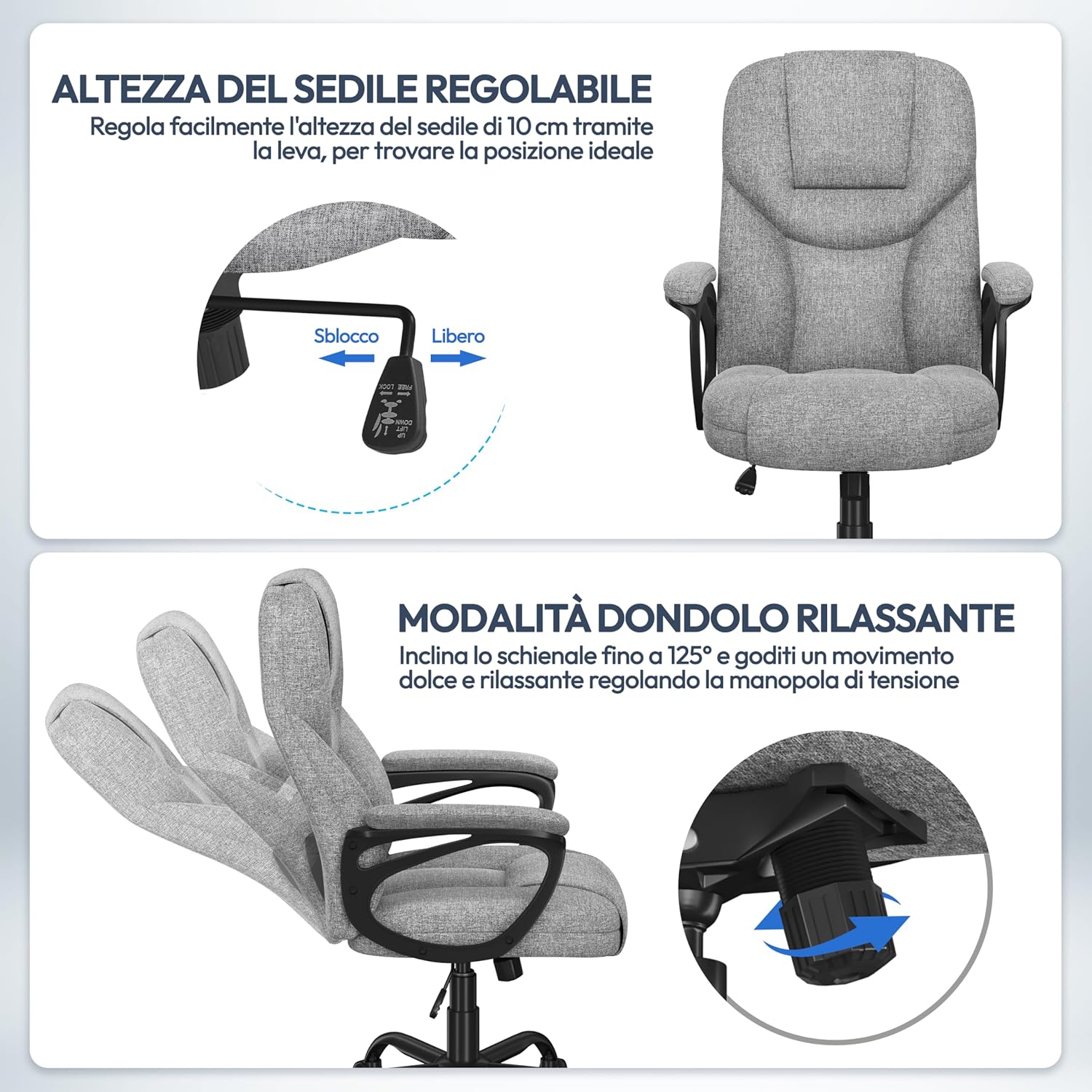Thumbnail 6 de Yaheetech Sedia Ufficio Ergonomica con Schienale Alto in Tessuto e Ecopelle Grigio – Rotelle, Altezza Regolabile