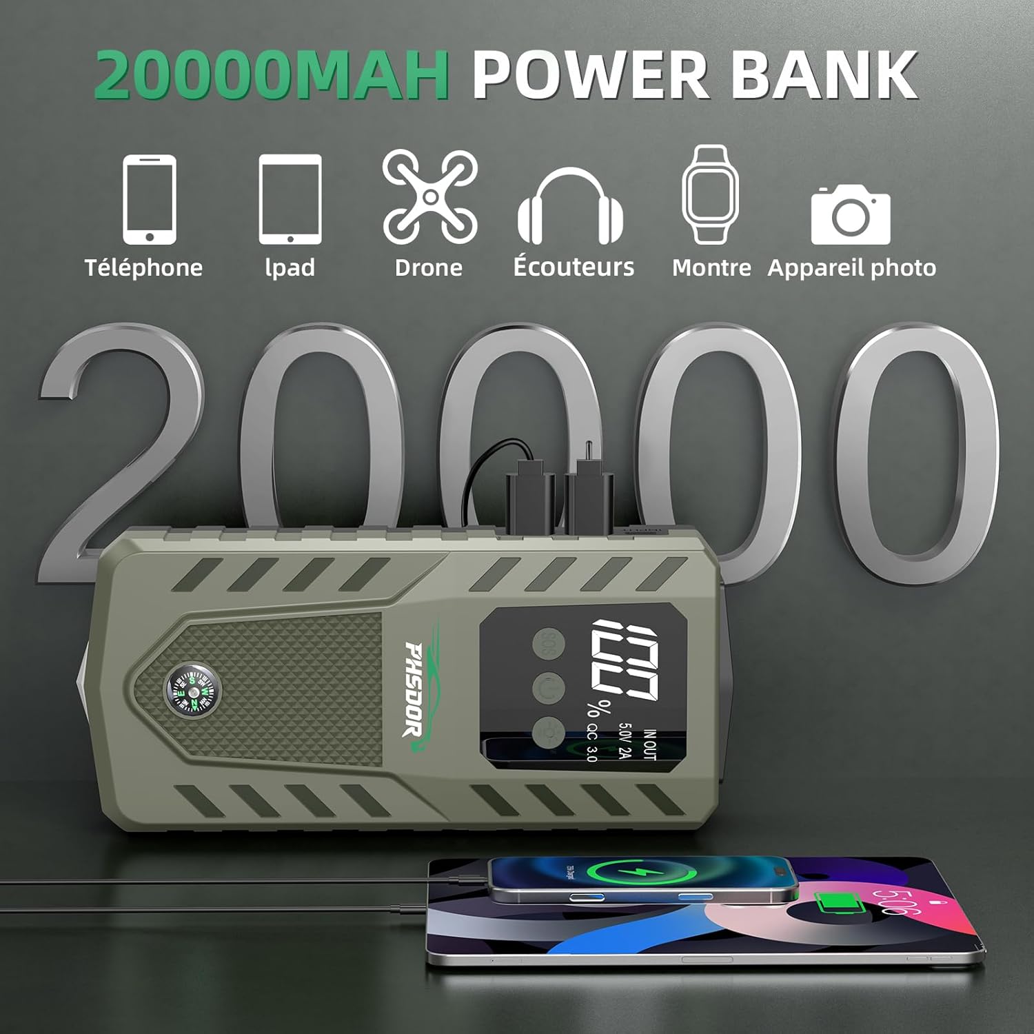 Thumbnail 2 de 6000A Booster batterie voiture 20000 mAh (10L essence / 8L diesel) avec lampe LED 3 modes et fonction power bank