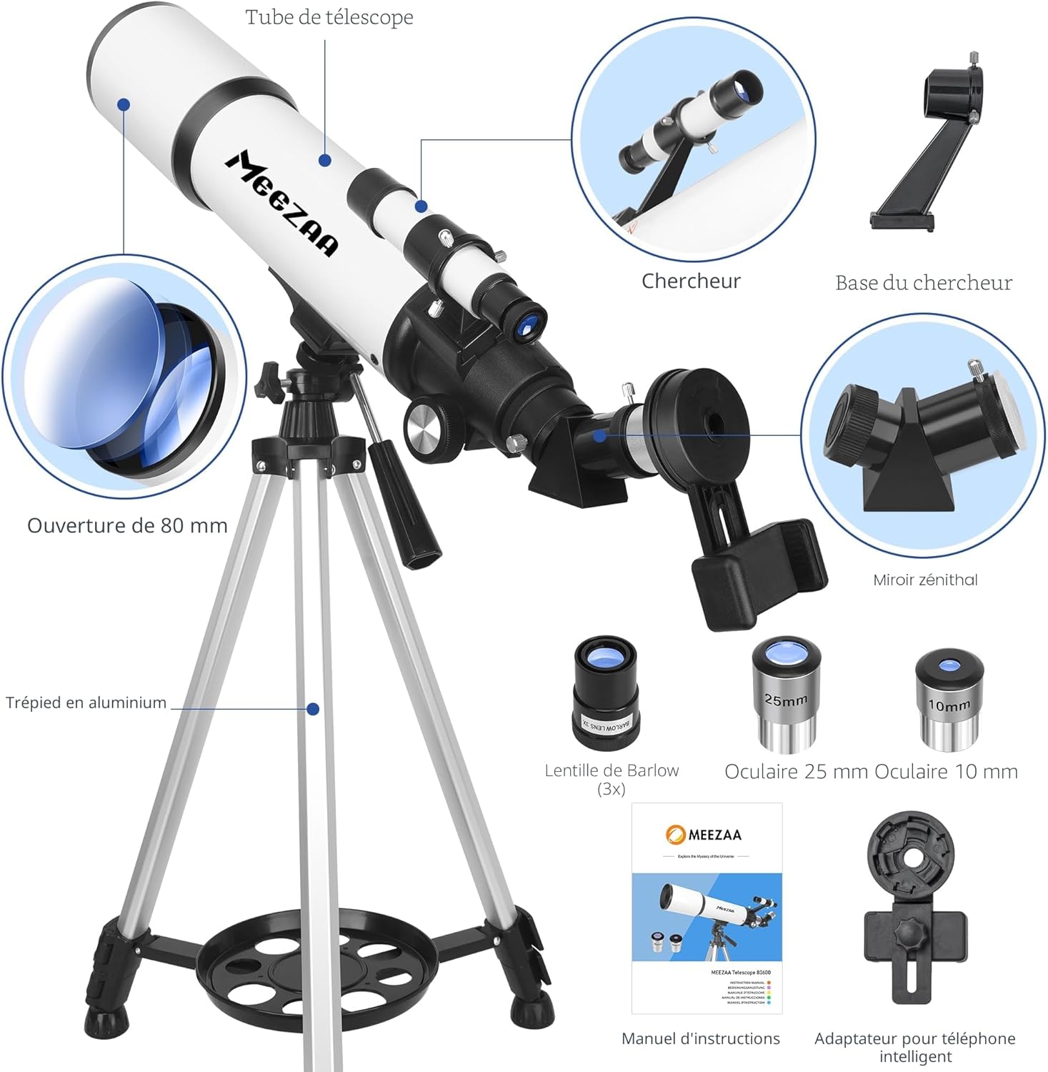 Detalle de MEEZAA Télescope Astronomique 80/600mm — Réfracteur Portable pour Débutants et Enfants, 24x–180x avec Trépied et Adaptateur Téléphone