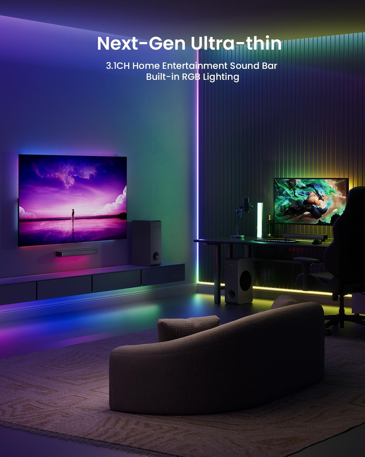 Detalle de MEREDO G38-US 3.1-Channel Soundbar with Wired Subwoofer and RGB Lighting
