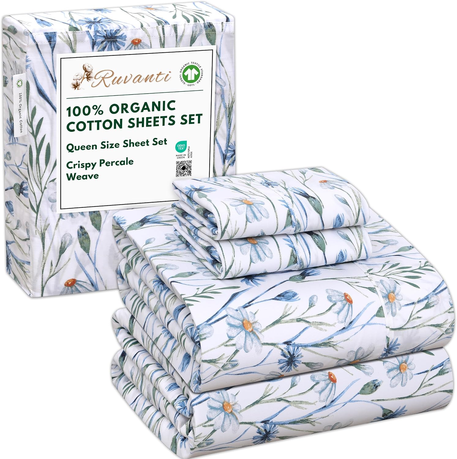 Detalle de RUVANTI 100% Organic Cotton Percale Queen Sheets Set (GOTS Certified) – Deep Pocket 15