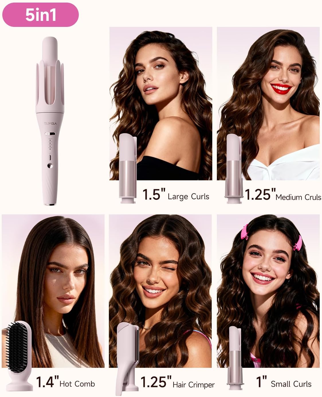 Detalle 2 de 5 in 1 Auto Curling Iron Set with Interchangeable Barrels – 1", 1.25", 1.5" Wand, Crimper & Straightening Brush (Pink)