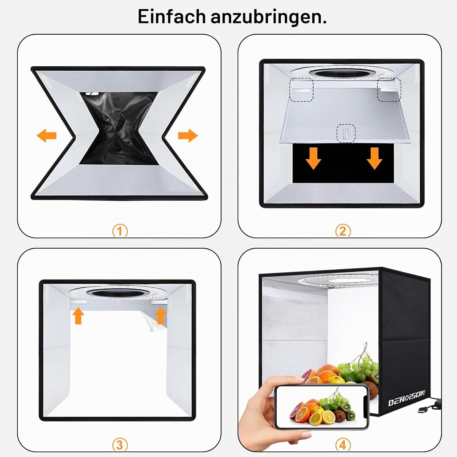 Detalle de BENOISON Fotobox 40x40 cm Lichtkasten mit 120 LED und 6 Hintergründen – für Schmuck- und Kleinprodukte