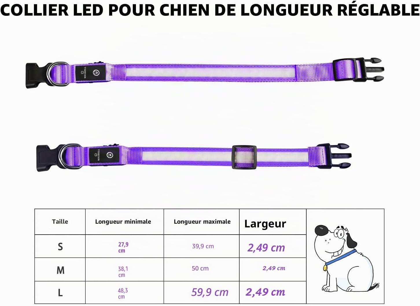 Detalle de MASBRILL Collier Lumineux pour Chien – Rechargeable, Étanche et Réglable (3 Modes, Violet, S)