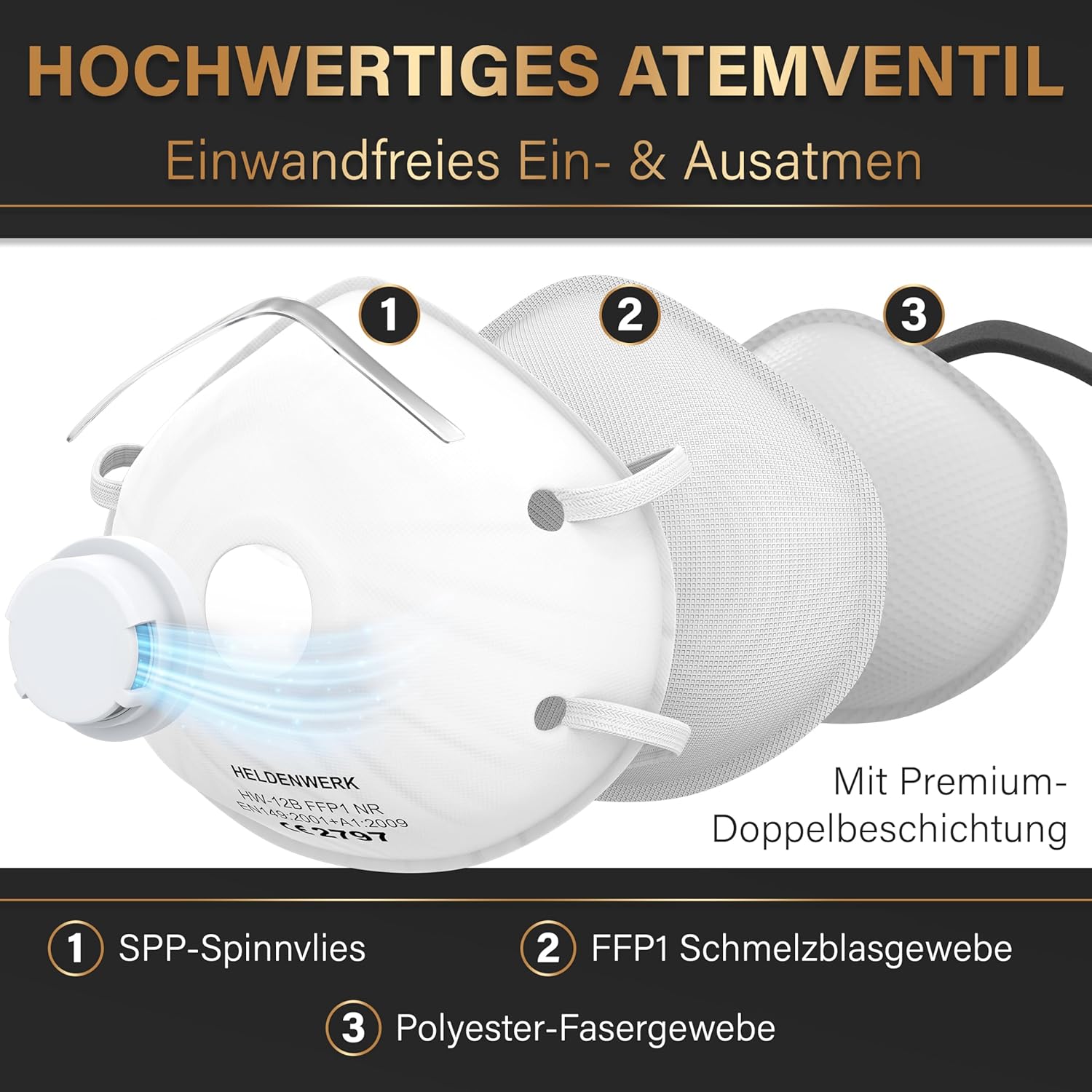Detalle de HELDENWERK Atemschutzmaske mit FFP1-Schutz im Set (5er/10er/20er) – Staubschutz für Schleif-, Bohr- und Sägearbeiten